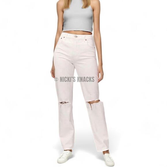 Abercrombie & Fitch 90s Straight Ultra High Rise White Distressed Jeans Size 18 - Picture 1 of 11
